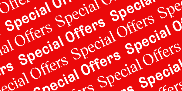 A red background with repeated white text reading 'Special Offers' in a diagonal pattern.
