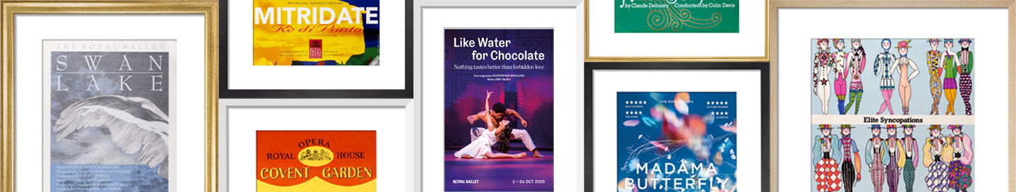 Collection of framed prints of posters with various designs and text from the RBO.