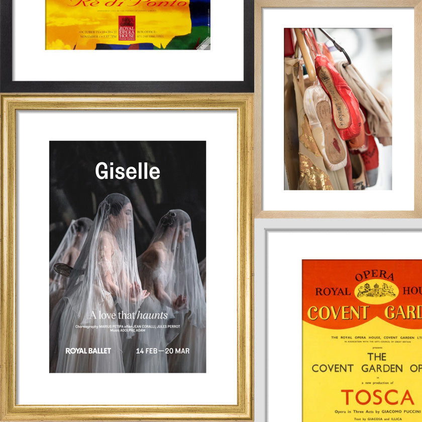 Framed prints of 'Giselle' and 'Tosca' and colourful hanging ballet shoes