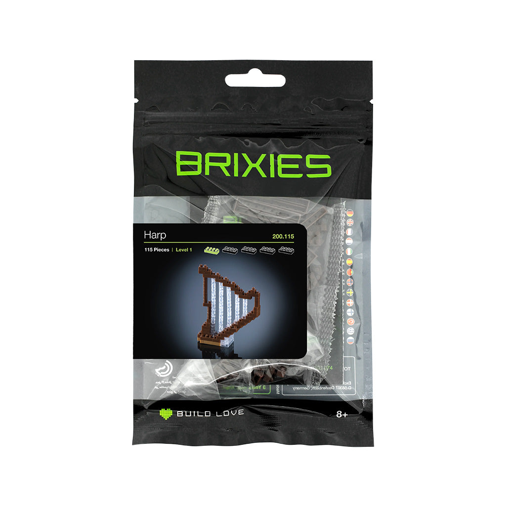 Brixies packaging with harp model on a white background