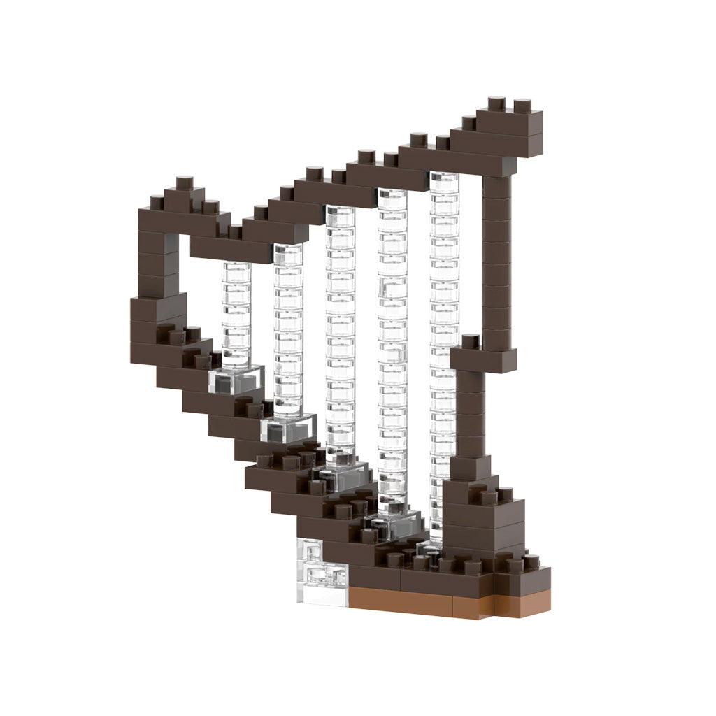 Toy harp made of interlocking bricks on a white background