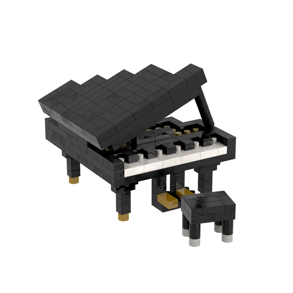 Black grand piano model made of interlocking bricks on a white background
