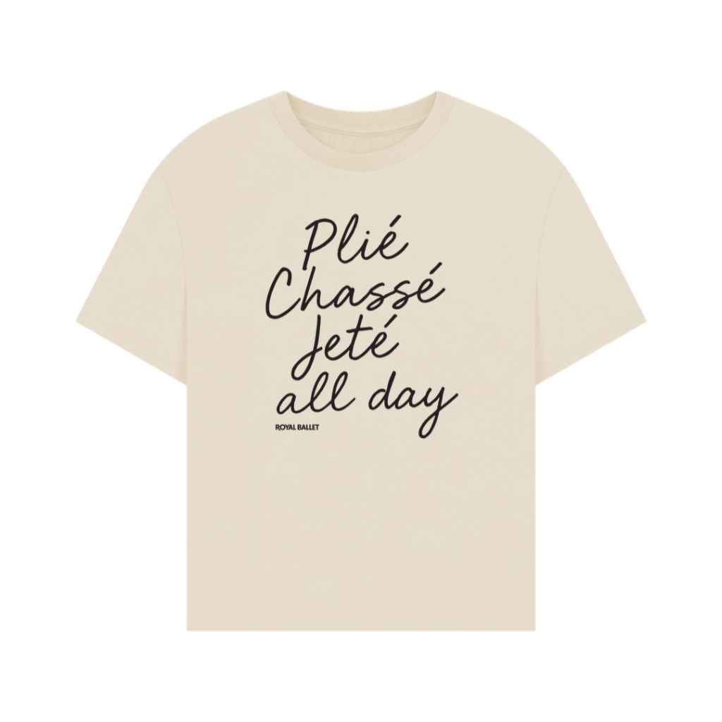 Oat Printed T-shirt with text in black handwriting plié chassé jeté all day on a white background