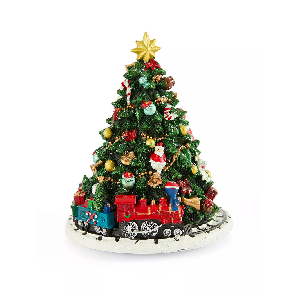 musical box in the shape of a decorated christmas tree with a toy train around the bottom on a white background