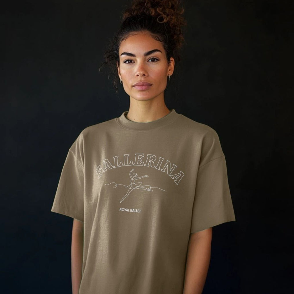 model wearing ballerina Royal Ballet T-shirt in willow in front of a black background