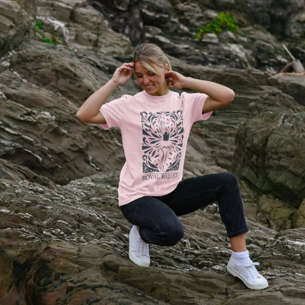 pink Royal Ballet Ballerina tshirt on model on rocky ground