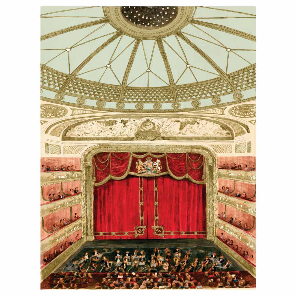 A hand painted depiction of the Royal Ballet and Opera&#39;s auditorium, featuring the light blue ceiling with gold detailing, gold embroidered red curtains with the Royal Crest, and members of the audience and orchestra.