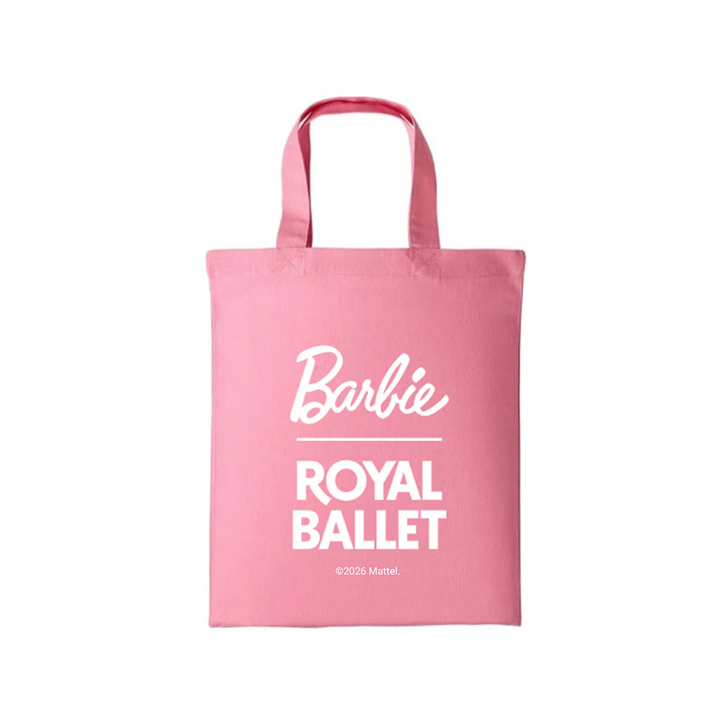 A mini pink cotton tote bag with white printed text reading 'Barbie ROYAL BALLET' and a small '©2025 Mattel' line at the bottom, shown on a plain white background.