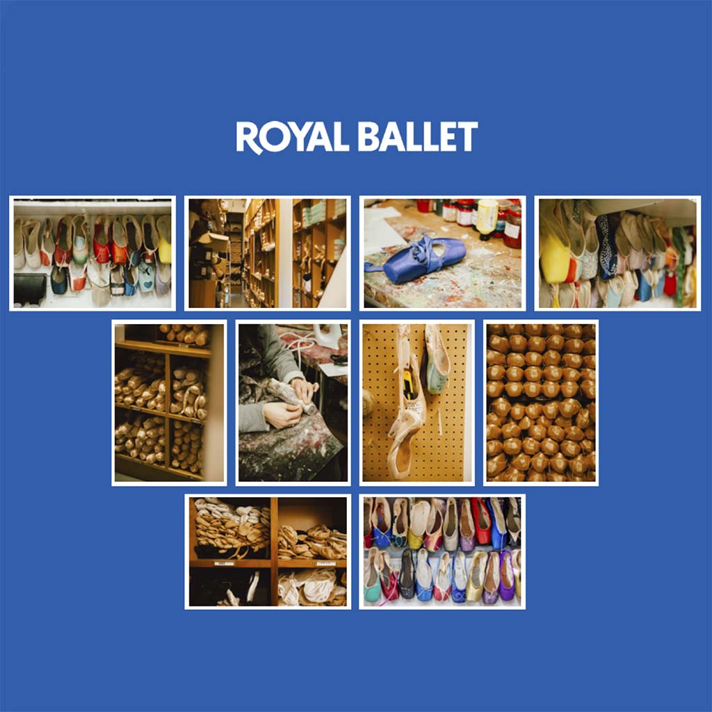 Back of a postcard pack with images of ballet shoes on a blue background
