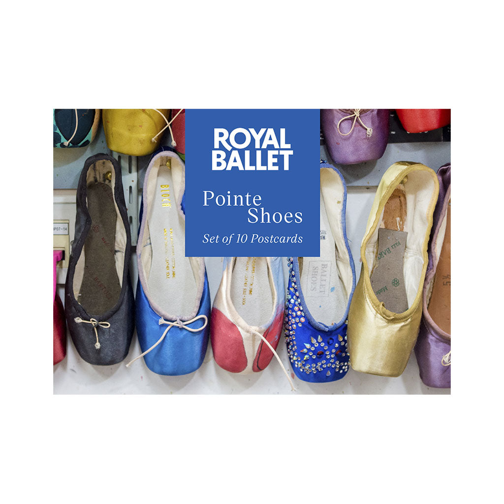 postcard pack with colourful ballet pointe shoes and text 'ROYAL BALLET Pointe shoes Set of 10 Postcards' on a white background
