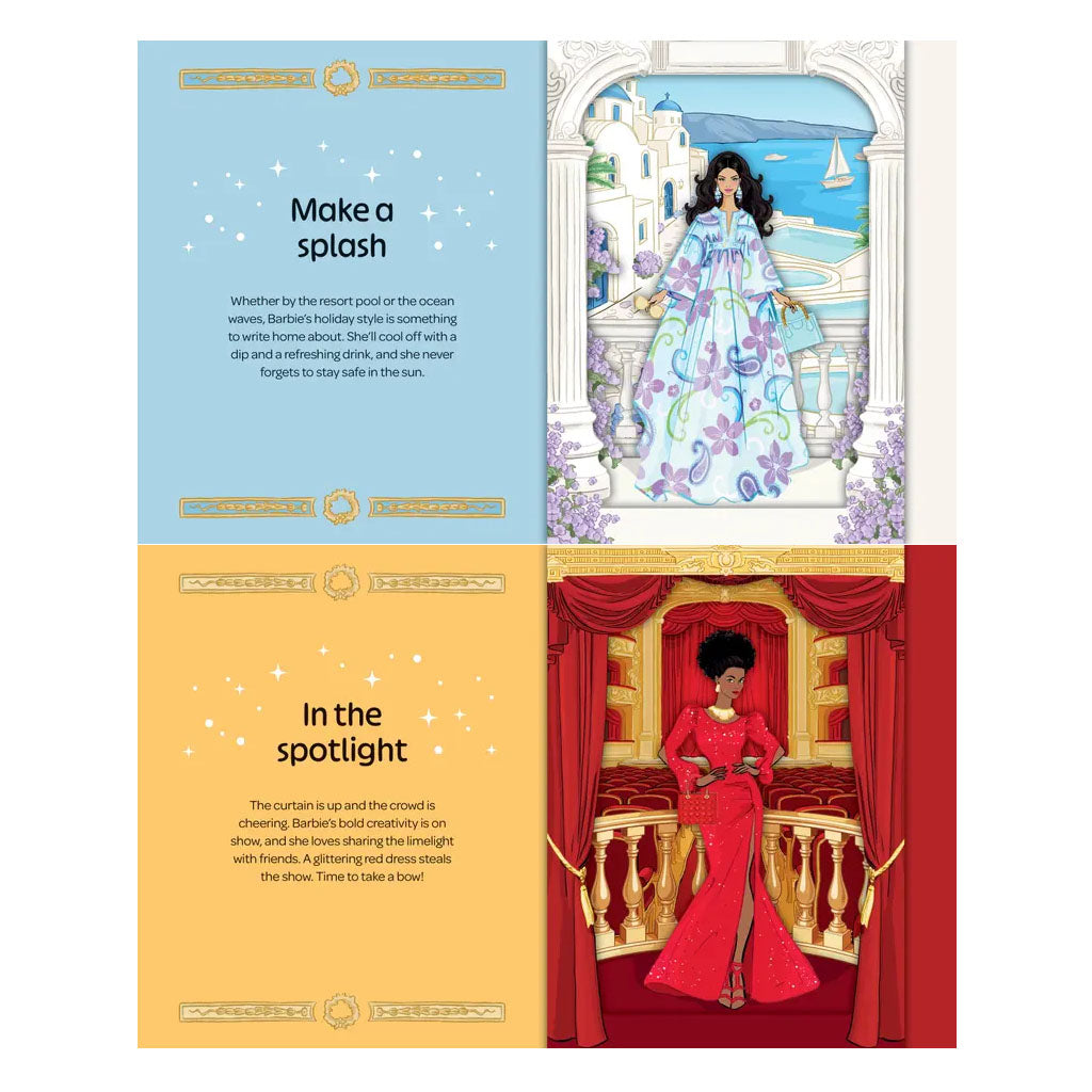 Pages inside Barbie Pop Up Book with illustrations by Megan Hess and text with Barbie information