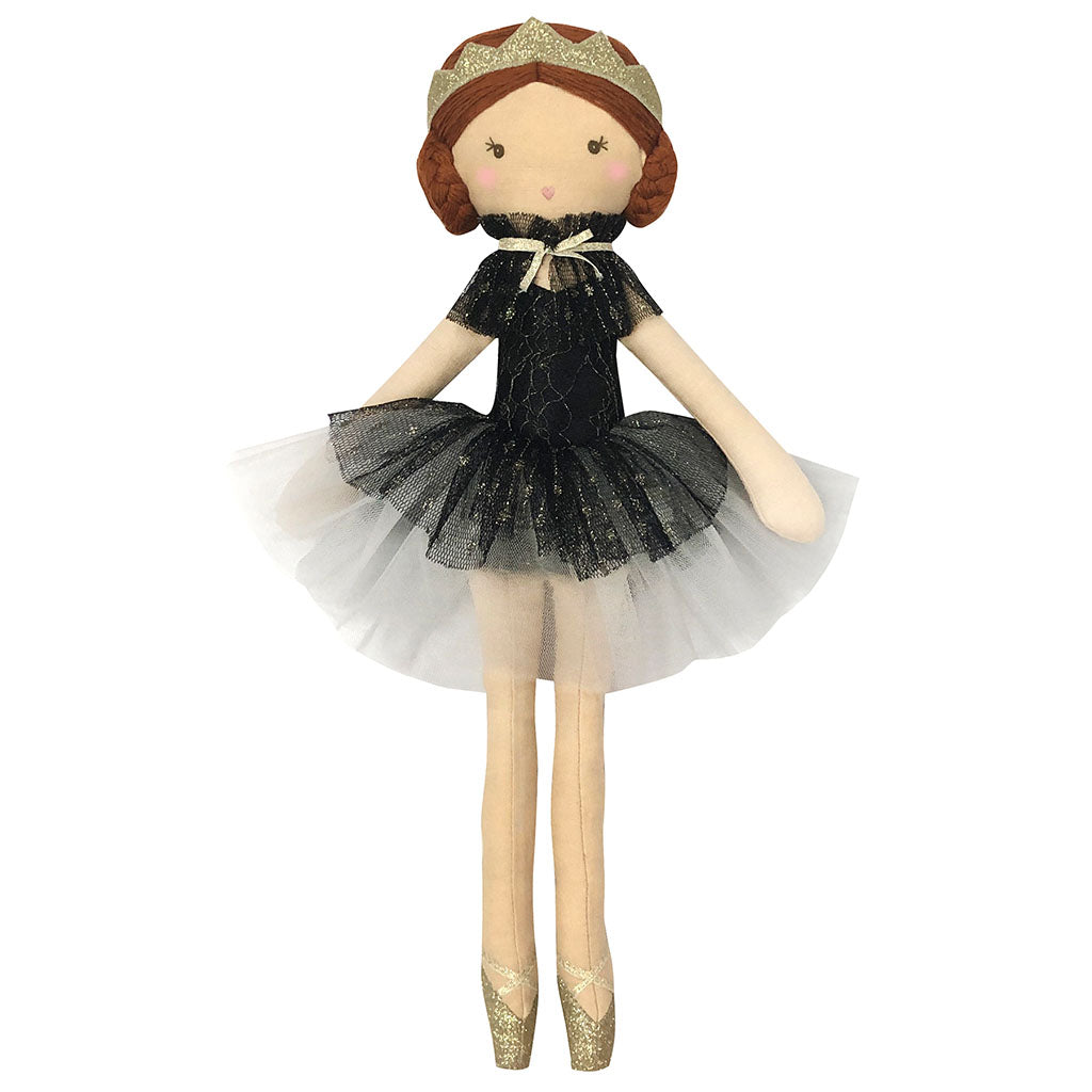 Odile Ballet Doll in a black dress with a gold tiara on a white background