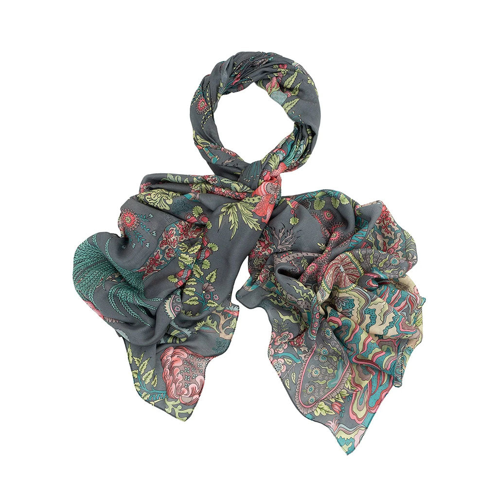 Floral patterned grey scarf on a white background
