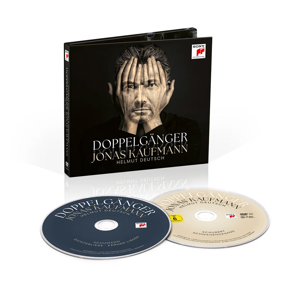 CD Cover for Jonas Kaufmann's Album Doppleganger with his face seen through his  hands on the cover