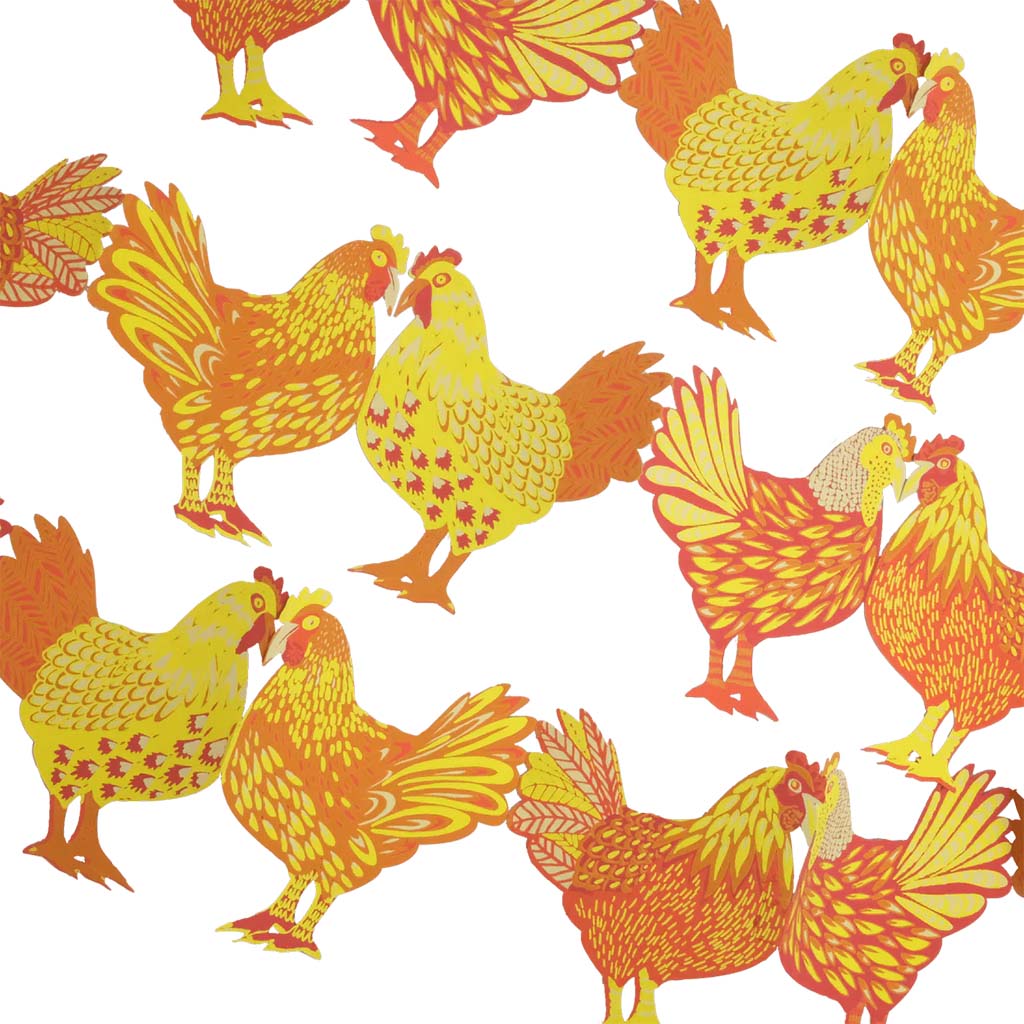 Pattern paper garland of colourful chickens on a white background