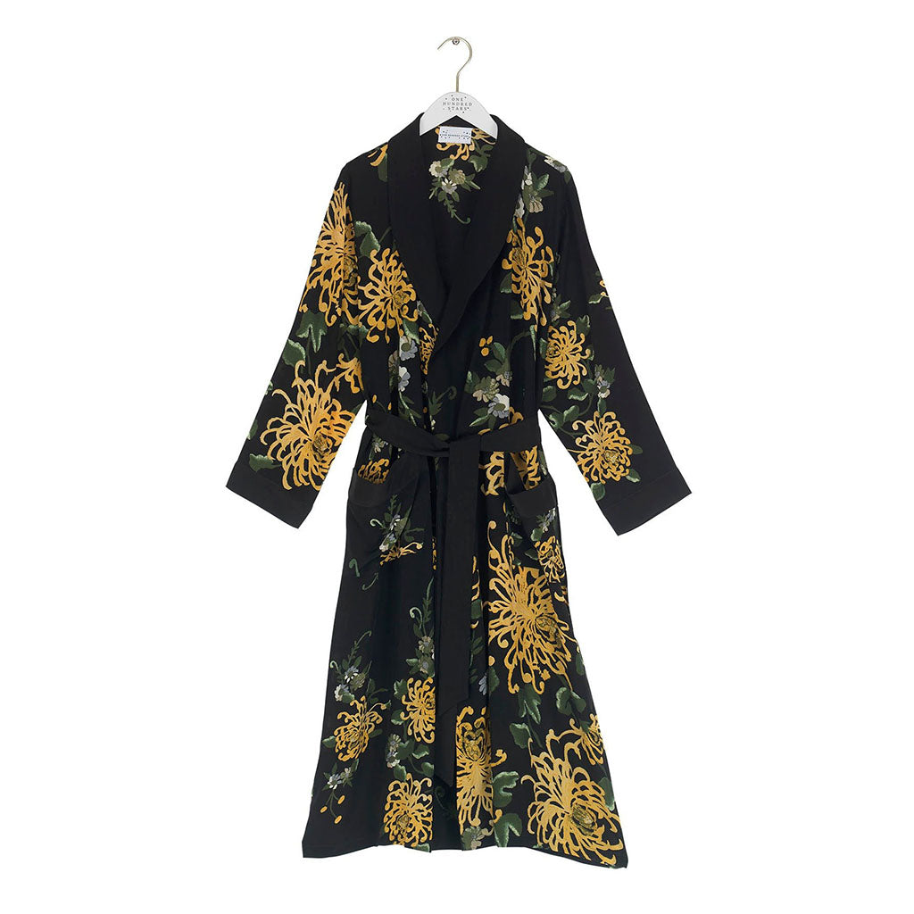 Black and gold floral dressing gown on a white background