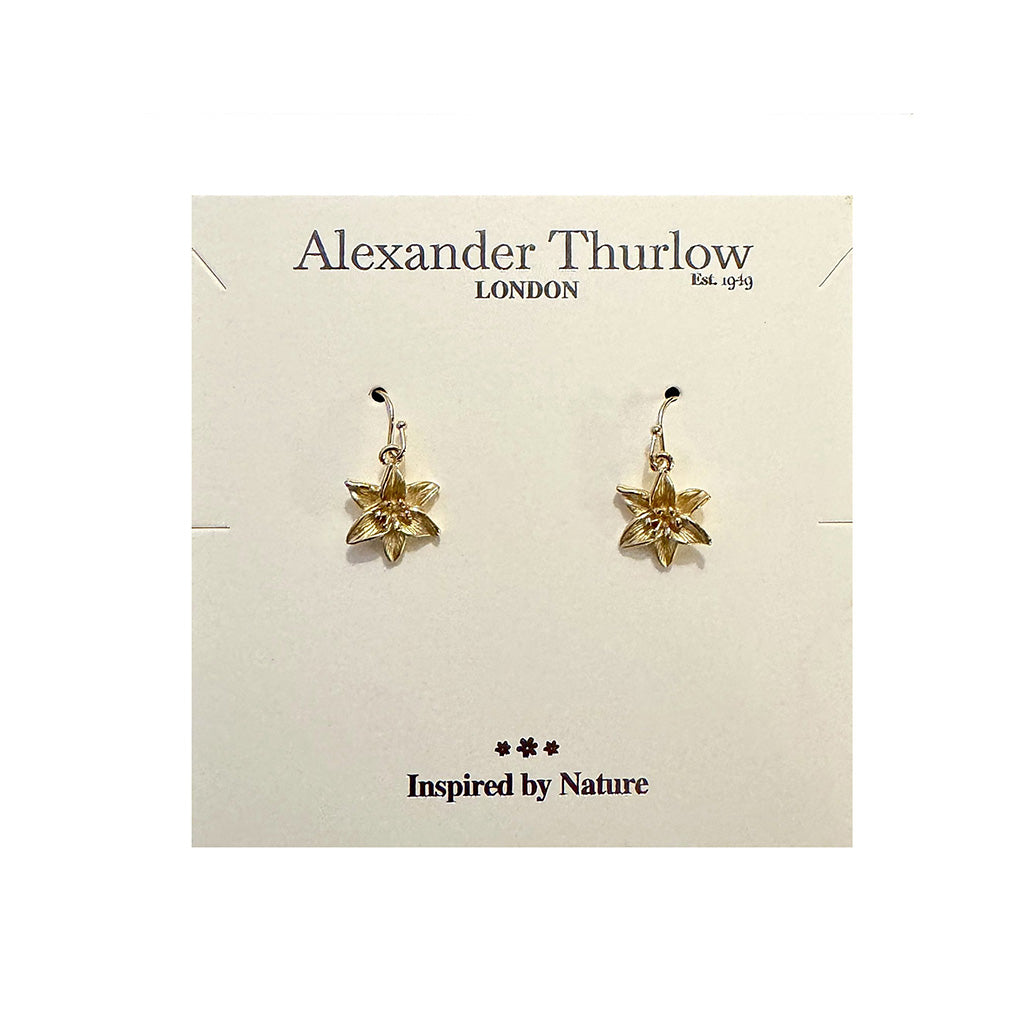 Gold flower-shaped earrings on a 'Alexander Thurlow London' card.