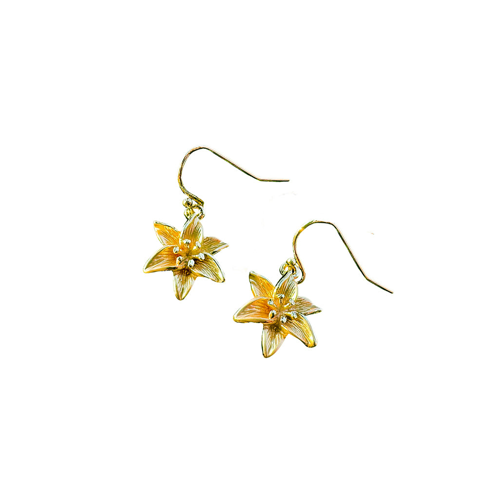 Pair of gold flower-shaped earrings on a white background