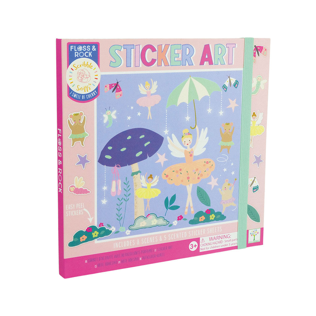 Enchanted Sticker Art Book front cover. A pink book showing a variety of brightly coloured cut out elements including fairy ballerinas, mushrooms, insects, and mice in ballet tutus.