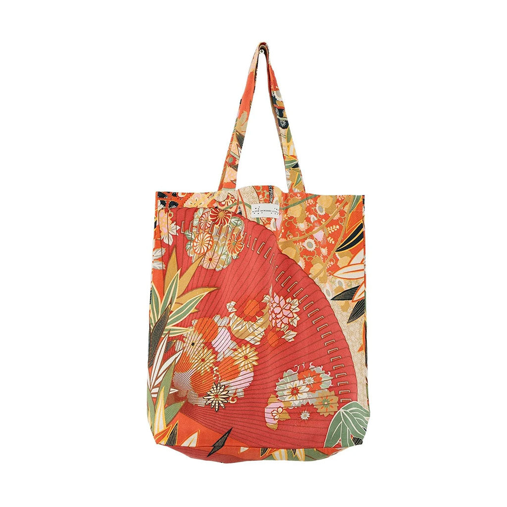 Foliage and fans patterned tote bag on a white background