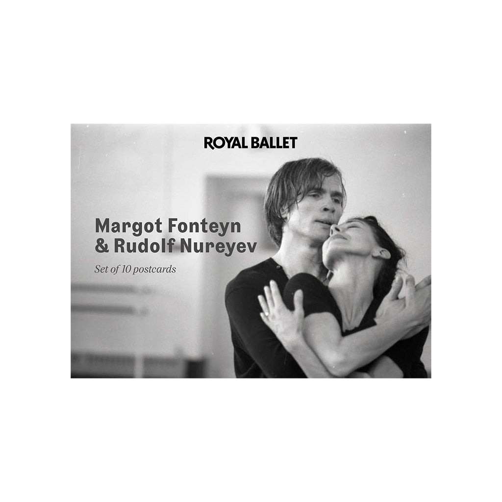 Set of 10 black and white postcards featuring Margot Fonteyn and Rudolf Nureyev from the Royal Ballet.