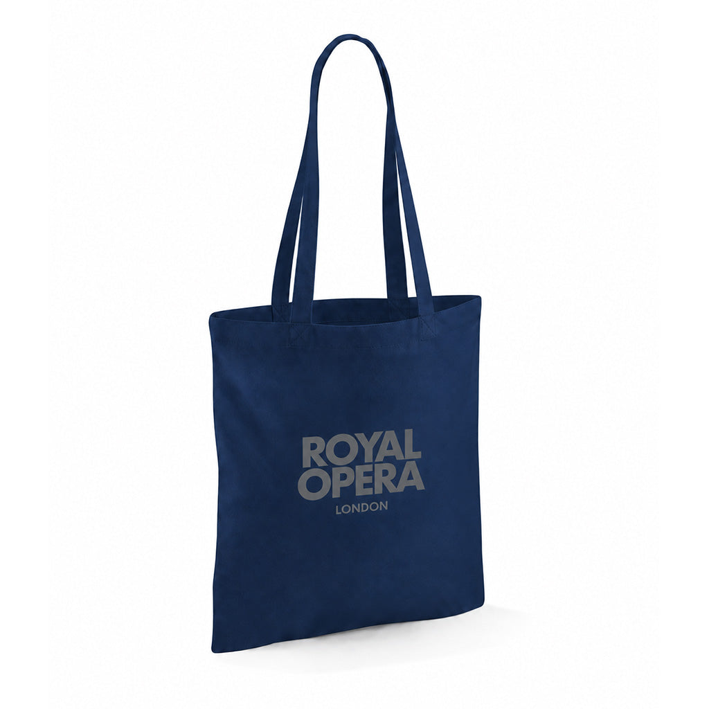 Navy cotton tote with text Royal Opera London in silver on  a white background