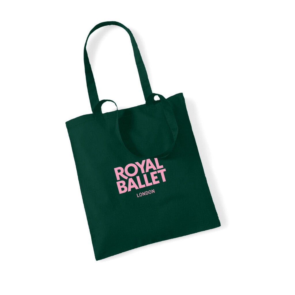 Green tote bag with 'Royal Ballet London' pink text on a white background