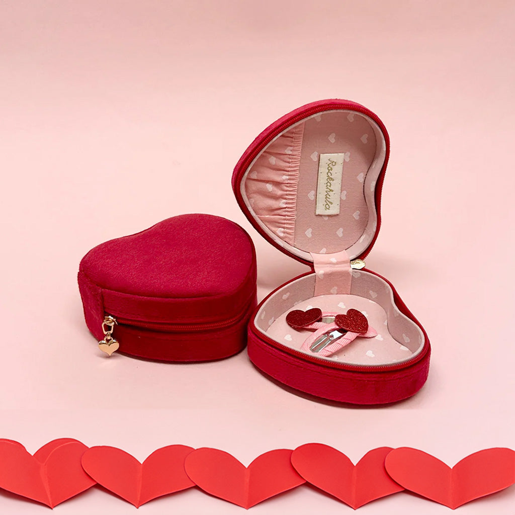Red Love Heart Jewellery Box open showing pink lining with white hearts