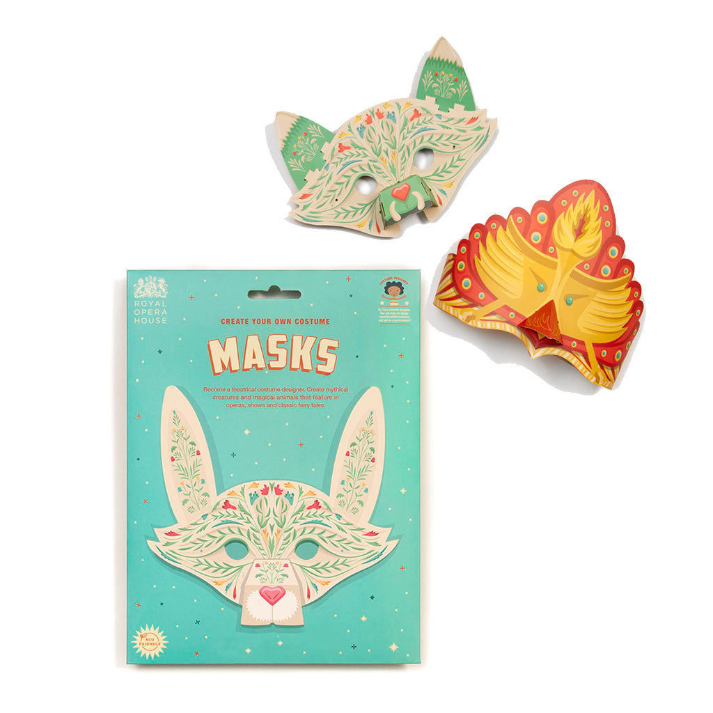 Colourful paper masks and packaging on a white background