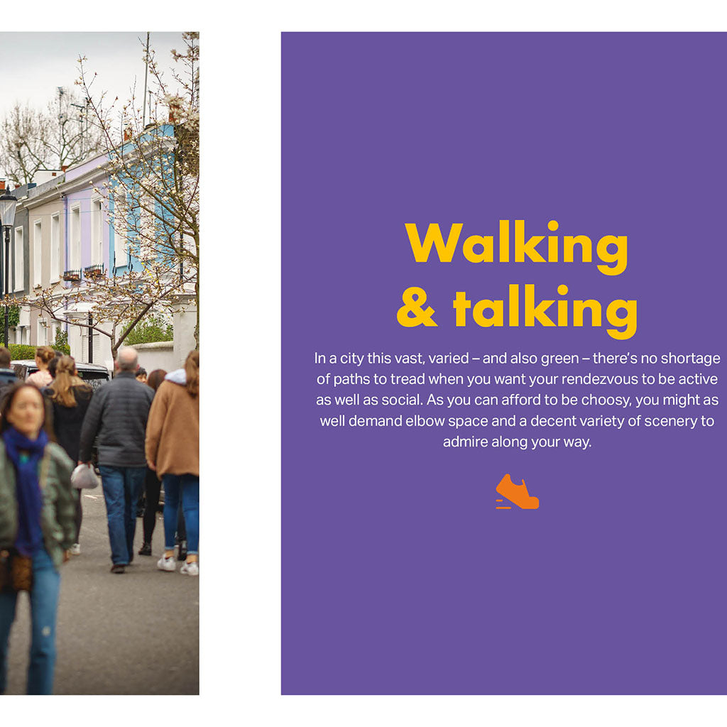 Page from the book - People walking on a street with a purple informational panel about walking and talking.