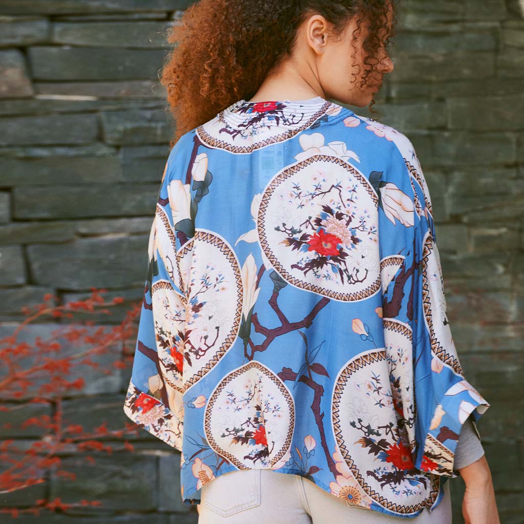 Model in Magnolia Plates Kimono showing back of the jacket and design