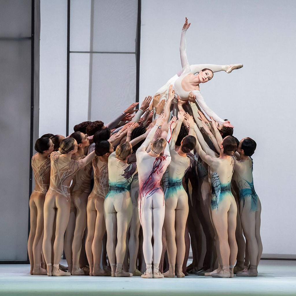 Ballet performance with a dancer being lifted by others on the stage.