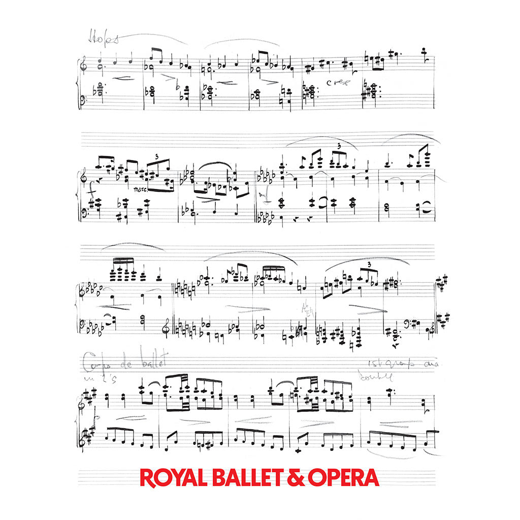 Image of the illustration on the Music Manuscript  jigsaw featuring printed musical notation on a white background with the title 'ROYAL BALLET &amp; OPERA' in red at the bottom.