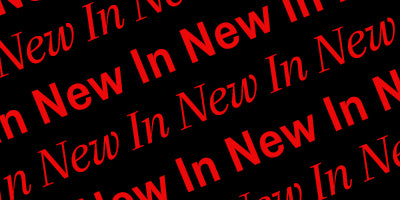 Red text reading 'New In' repeated diagonally on a black background.