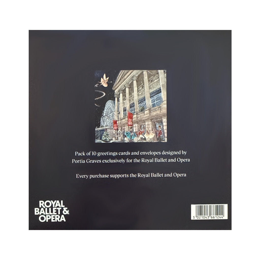 Back cover of a pack of Royal Ballet and Opera greeting cards with a building illustration and text.
