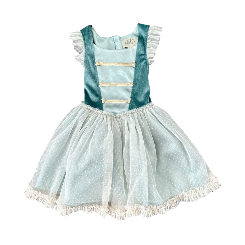 Children&#39;s dress with green bodice and white tulle skirt on a white background