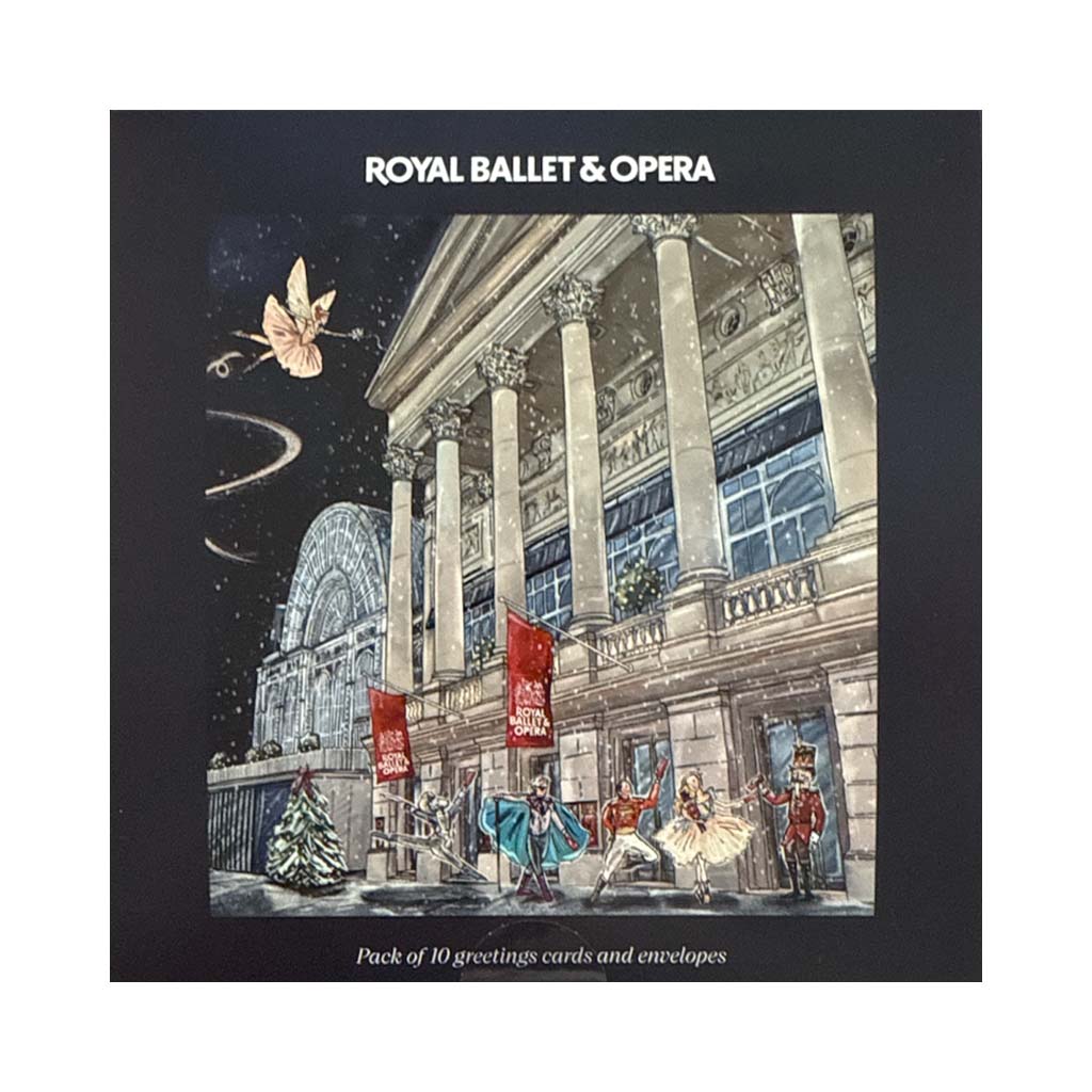 Pack of 10 Royal Ballet &amp; Opera greeting cards with illustration of a building and people in front.