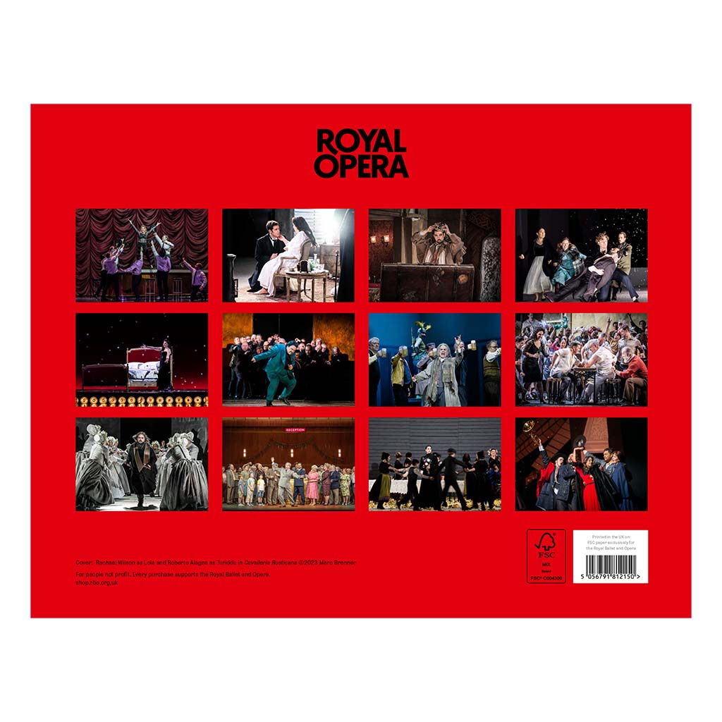 Back cover of the Royal Opera Calendar for 2026 images of people on stage and the text &#39;Royal Opera&#39; on a red background.