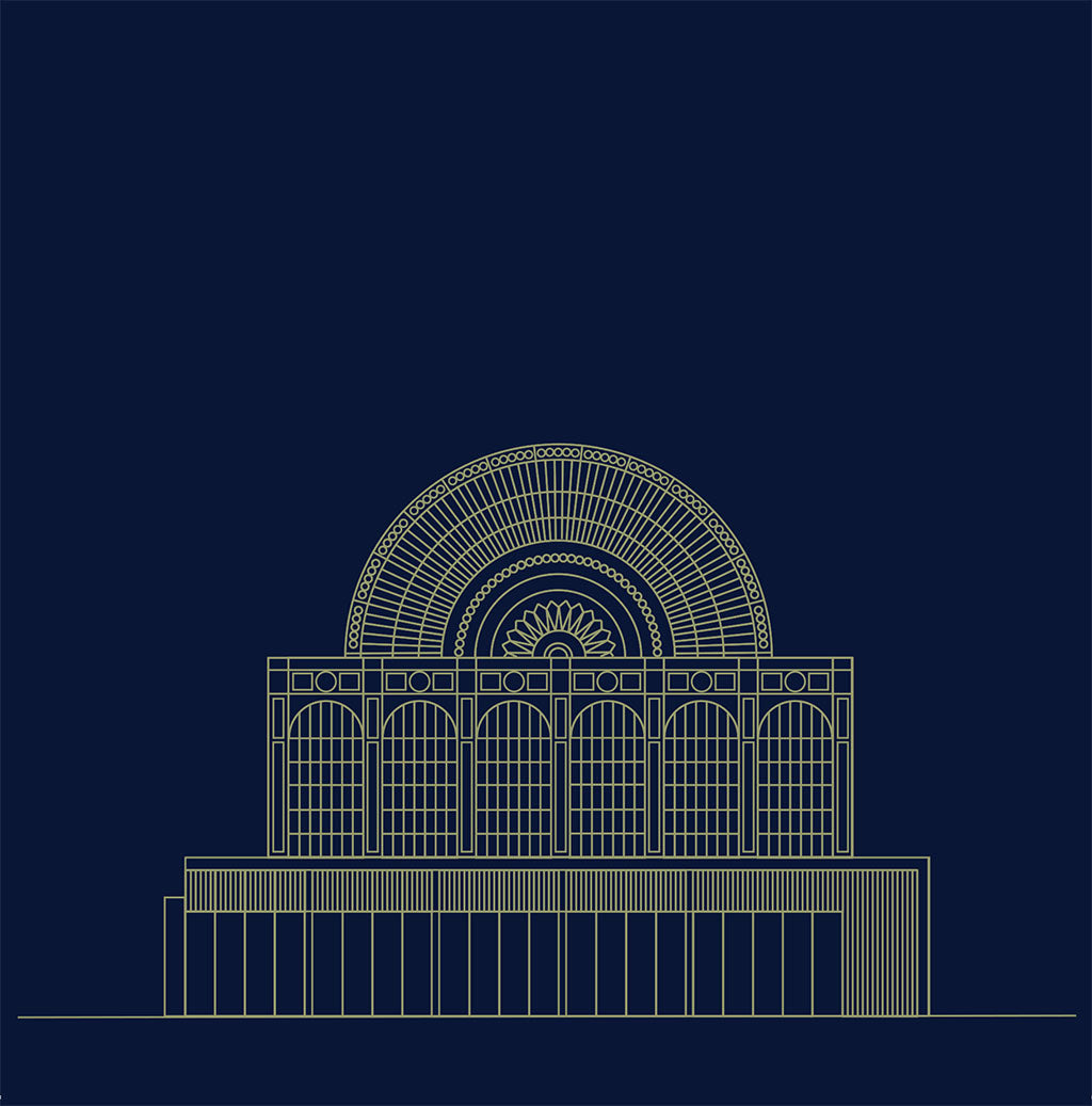 Line drawing of architectural structure of the Paul Hamlyn Hall on a navy blue background