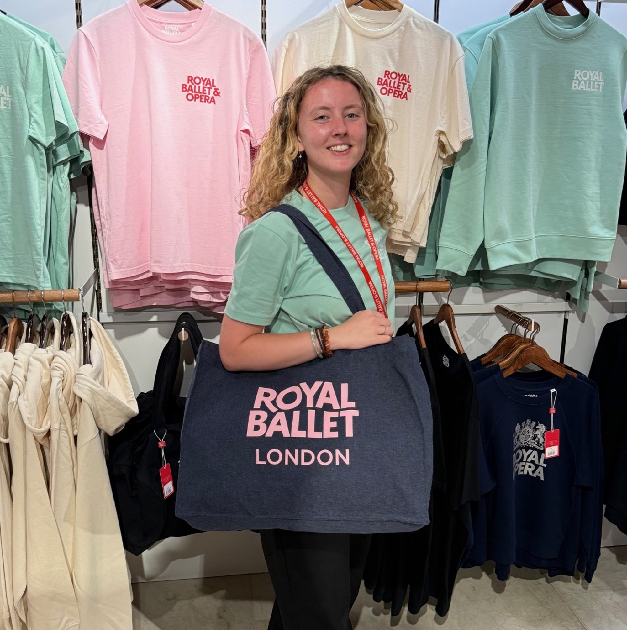 Blue denim bag with baby pink Royal Ballet logo