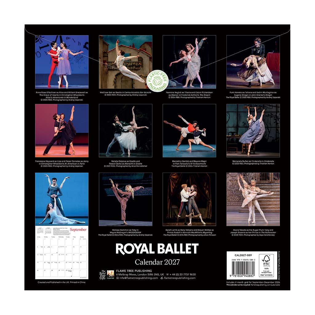 Back cover of the Royal Ballet Wall Calendar for 2027 with  12 images of dancers