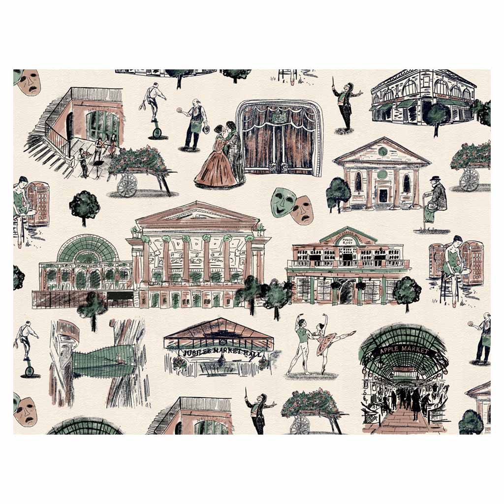 A hand drawn image featuring famous landmarks in Covent Garden in a watercolour style using a brown and green colour pallet. The landmarks include The Royal Opera House, the Apple Market, and the Jubilee Market Hall. Between the landmarks are smaller images such as ballet dancers, street performers, and foliage.