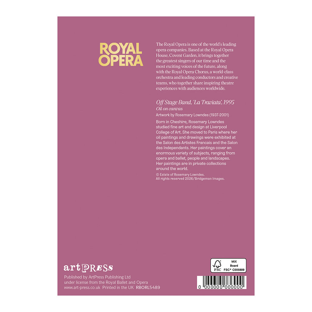 Back cover of the 'Off Stage band, La Traviata' greeting card with text about the Royal Opera and ArtPress publishing details.