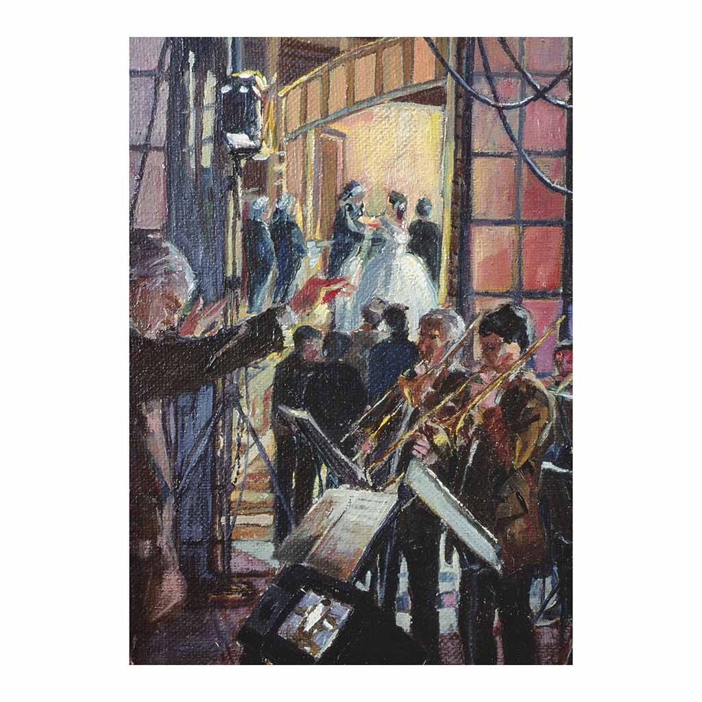 Greeting card with conductor and band off stage from la Traviata painted by Rosemary Lowndes