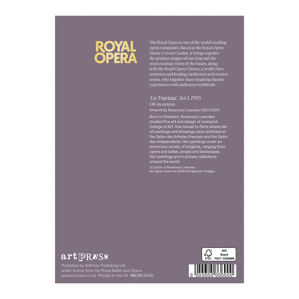 Back cover of a La Traviata Act 1 greeting card with text about the Royal Opera and ArtPress publishing details.