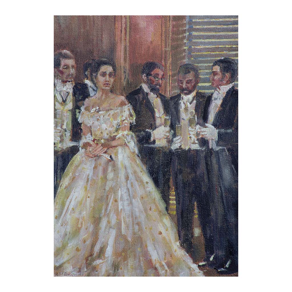 Greeting card featuring oil on canvas by Rosemary Lowndes of La Traviata Act 1, of a woman in a white dress standing among formally dressed men.
