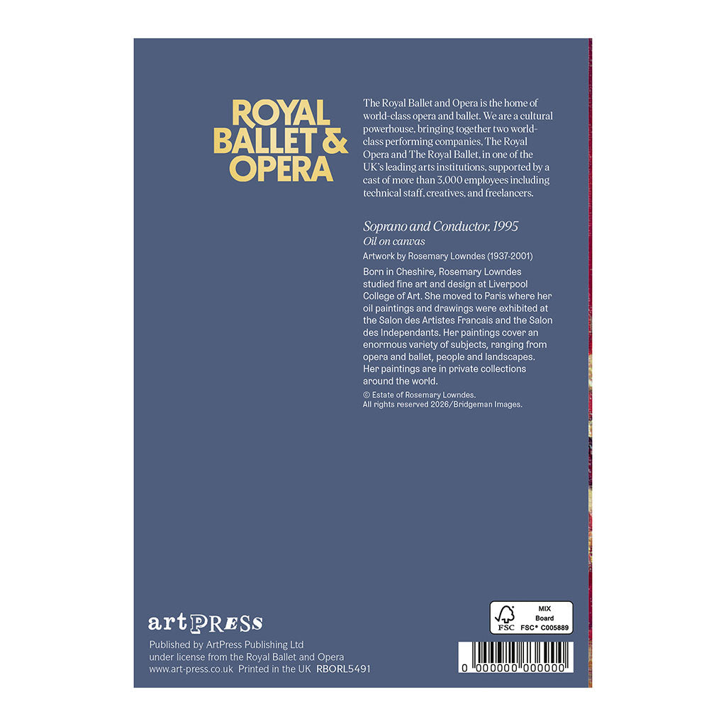Back cover of  the greeting card 'Soprano and Conductor' with text about the Royal Ballet and Opera, featuring a blue background and white text.