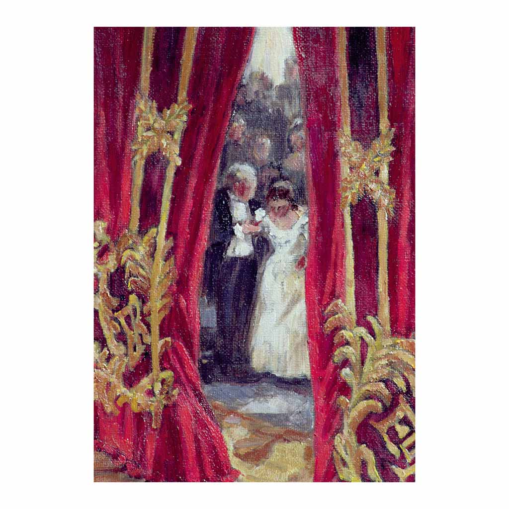 Greeting card featuring the red curtains with gold detailing revealing a couple in formal attire, at the Royal Opera House