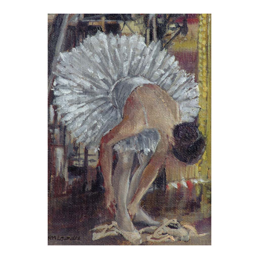 Greeting card with a painting of a dancer in a tutu with a blurred backstage background