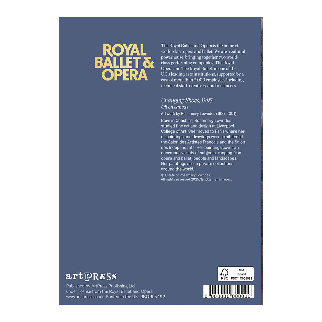 Back cover of the Changing Shoes' greeting card in the Royal Ballet and Opera pack with text and branding.